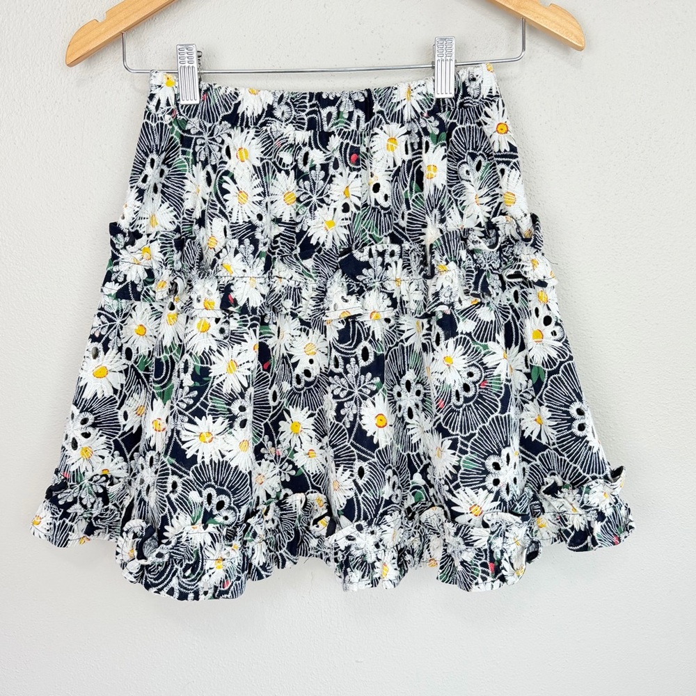 ELLIATT Floral Embroidered Eyelet Ruffle Mini Skirt Daisy Print Size XS